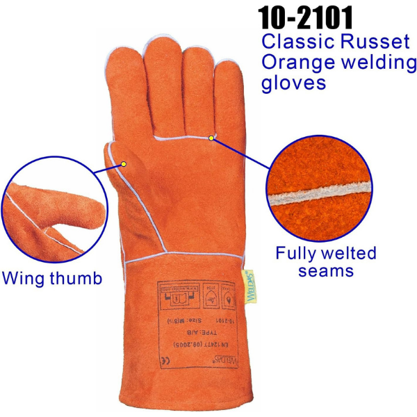 Weldas® classic general welding gloves, Fully cotton lined, Heavy duty leather cuff, 10-2101, Russet Orange - Image 2