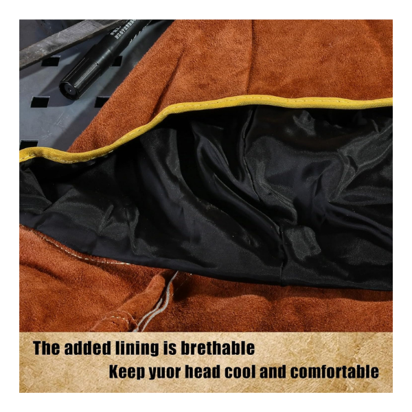 Welding Hood Leather - Cowhide Split Leather Welding Caps Protector with Neck Shoulder Drape - Full Head Cover Protection for Men & Women, Brown - Image 3