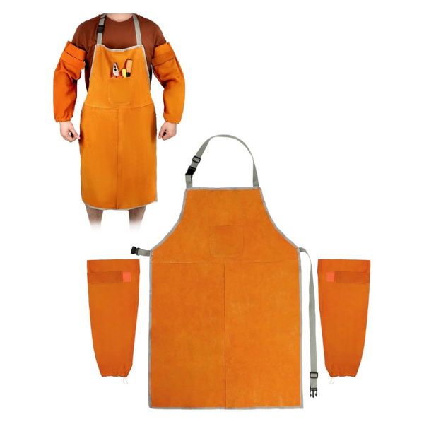 QWORK Welding Apron& Sleeves, Welding Work Protectors Set, Heat and Flame Resistant Leather Work Shop, Blacksmith Protective or Safety Clothing, Welders, Fireplace, Gardening, BBQ Apron, Bib Apron - Image 2