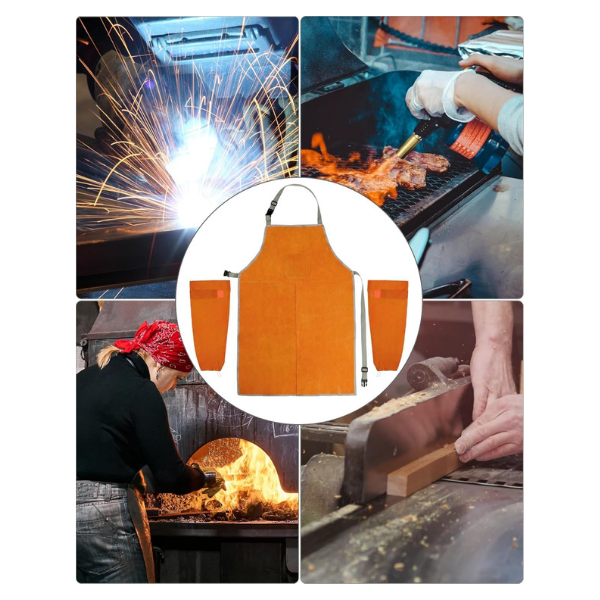 QWORK Welding Apron& Sleeves, Welding Work Protectors Set, Heat and Flame Resistant Leather Work Shop, Blacksmith Protective or Safety Clothing, Welders, Fireplace, Gardening, BBQ Apron, Bib Apron - Image 4