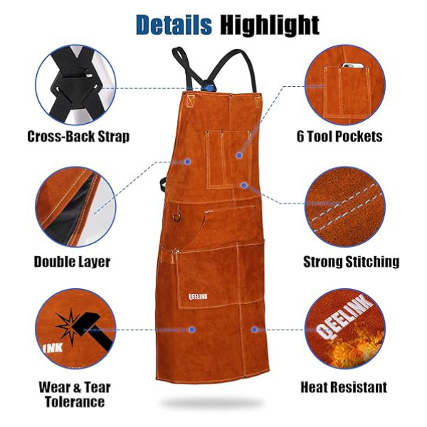 QeeLink Leather Welding Work Apron with 6 Tool Pockets, Heat & Flame Resistant Apron, 24" x 36", Adjustable M to XXXL - Image 3